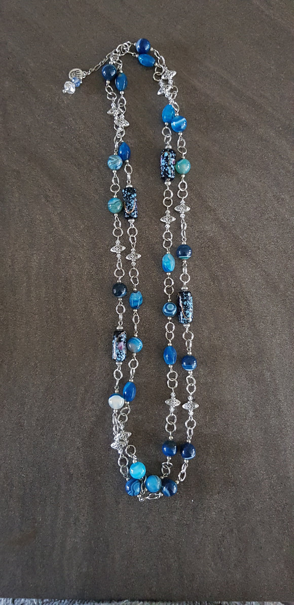 Double String Medium Length Blue Agate/Ceramic Necklace